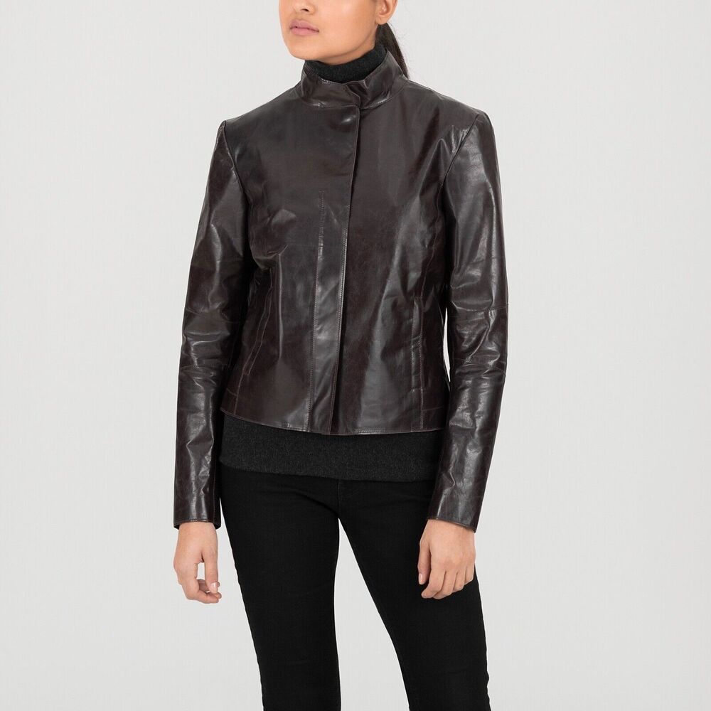 M0851 Leather fitted Jacket Brown size Small Women's BRAND NEW WITH TAG